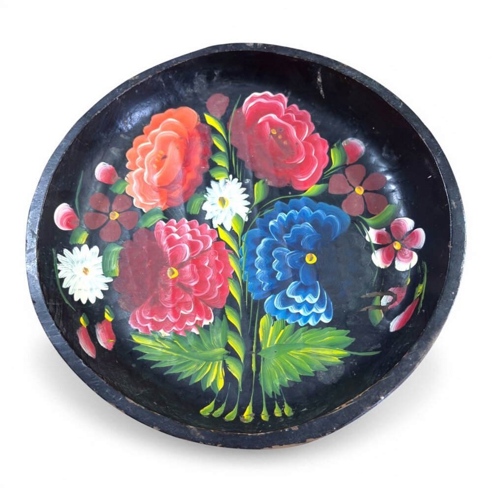 Vintage Mexican Decor Tray 13” Bright Dopamine Flowers Hand Carved Wood